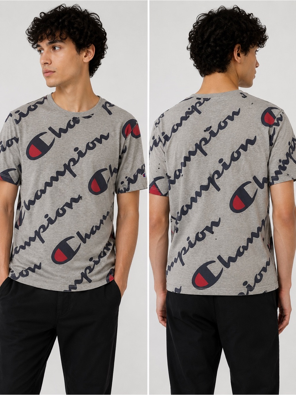 Champion Heritage Gray Short Sleeve Tee with Navy Script and Red Accents